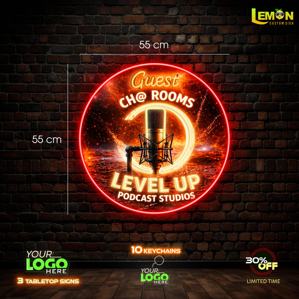 LEVEL UP PODCAST STUDIO | LED NEON SIGN ( 15 Free Keychains and 3 Tabletop Signs)