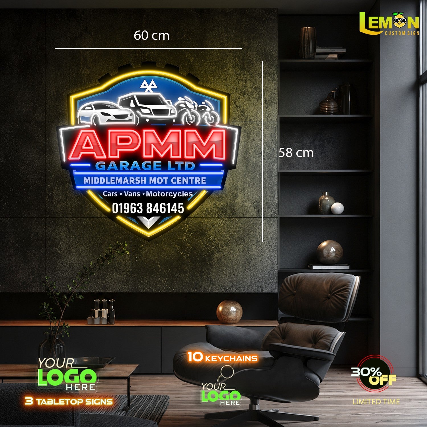 APMM GARAGE LTD | LED NEON SIGN ( 15 free keychains and 3 tabletop signs)