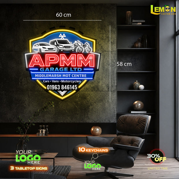APMM GARAGE LTD | LED NEON SIGN ( 15 free keychains and 3 tabletop signs)